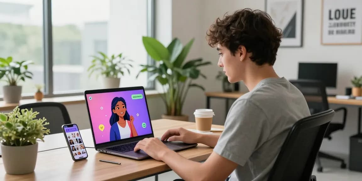 Engaging in an ai sex chat on a laptop in a modern workspace.