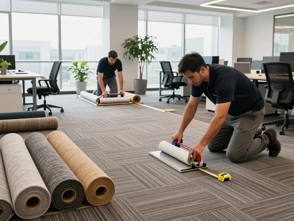 Commercial carpet installation in a modern office with professional installers at work.