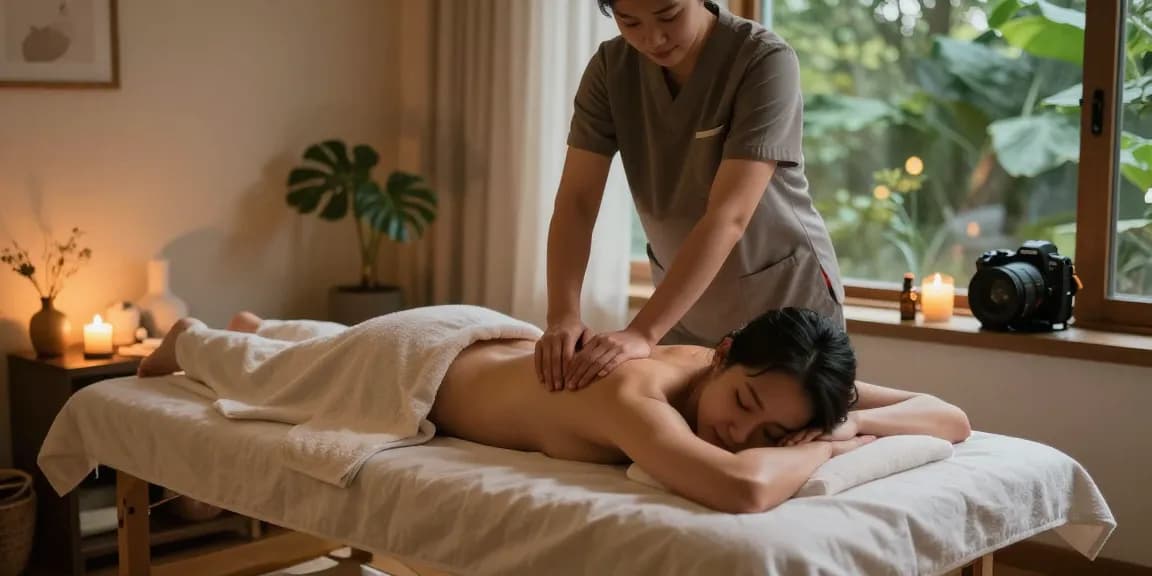 Therapist providing 사당출장마사지 in serene home setting, warm ambiance with candles and essential oils.