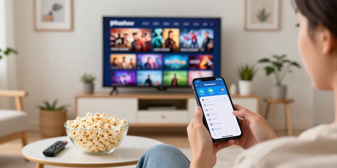 Pikashow APK download in action at home, person exploring entertainment content on smartphone, cozy living room setup.