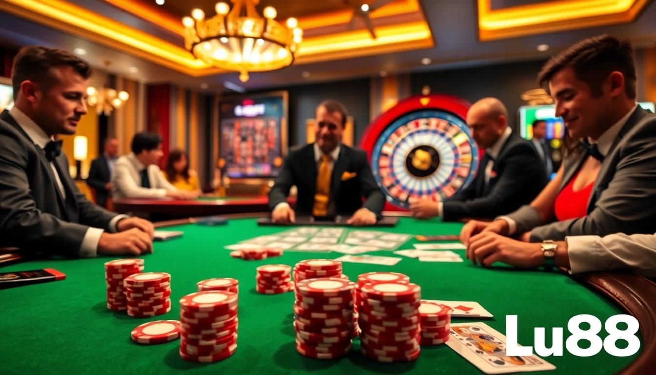 Gamblers enjoying an exciting game at Lu88 casino table with vibrant chips and cards.