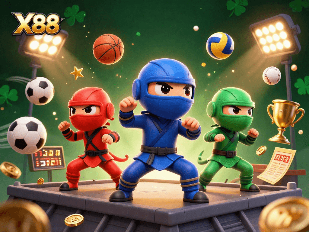 X88 showcases a dynamic scene with ninja chameleons and overlapping sports elements for online casino engagement.