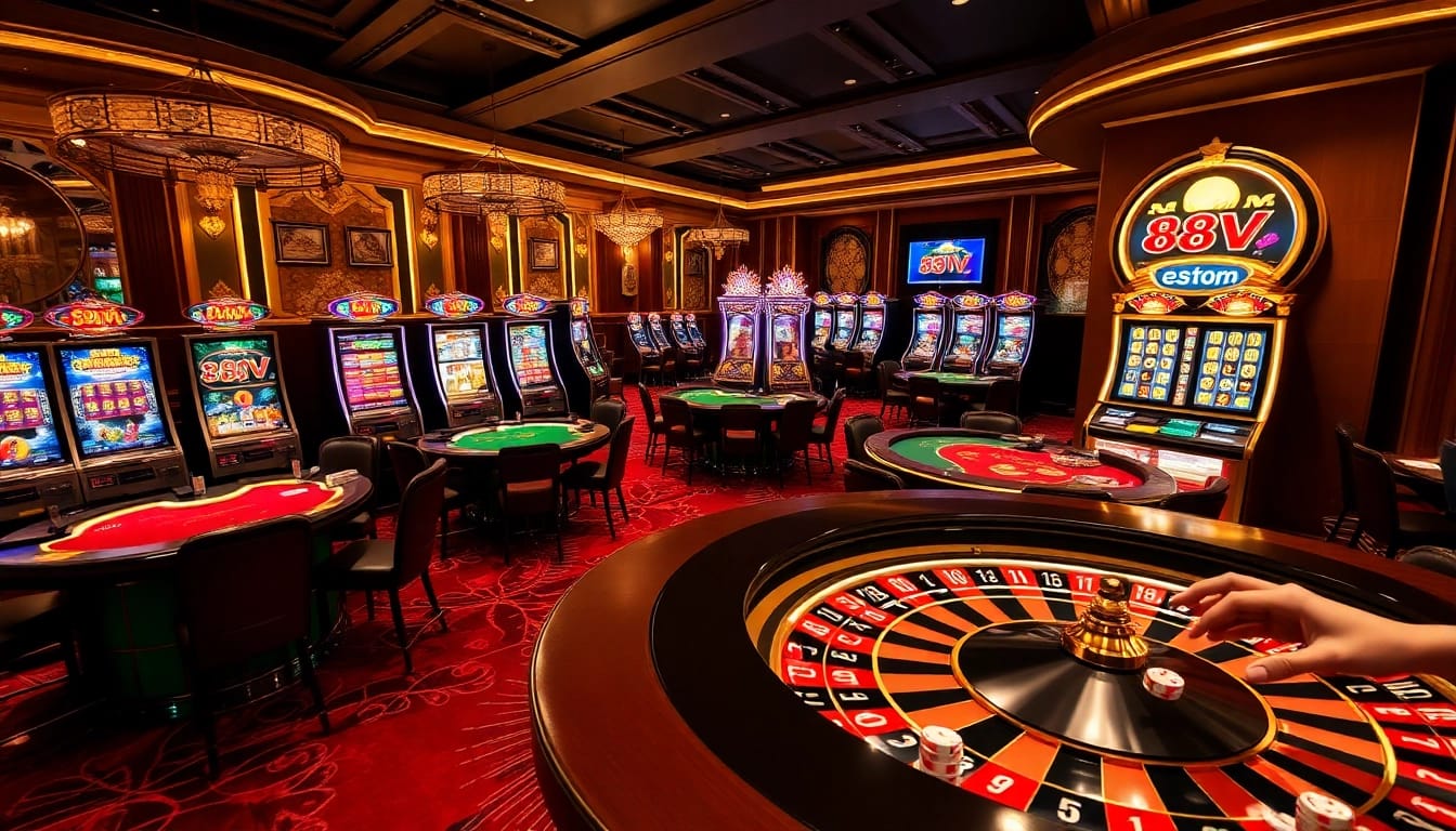 Experience the thrill of online betting at 88vv.com with vibrant casino scenes.