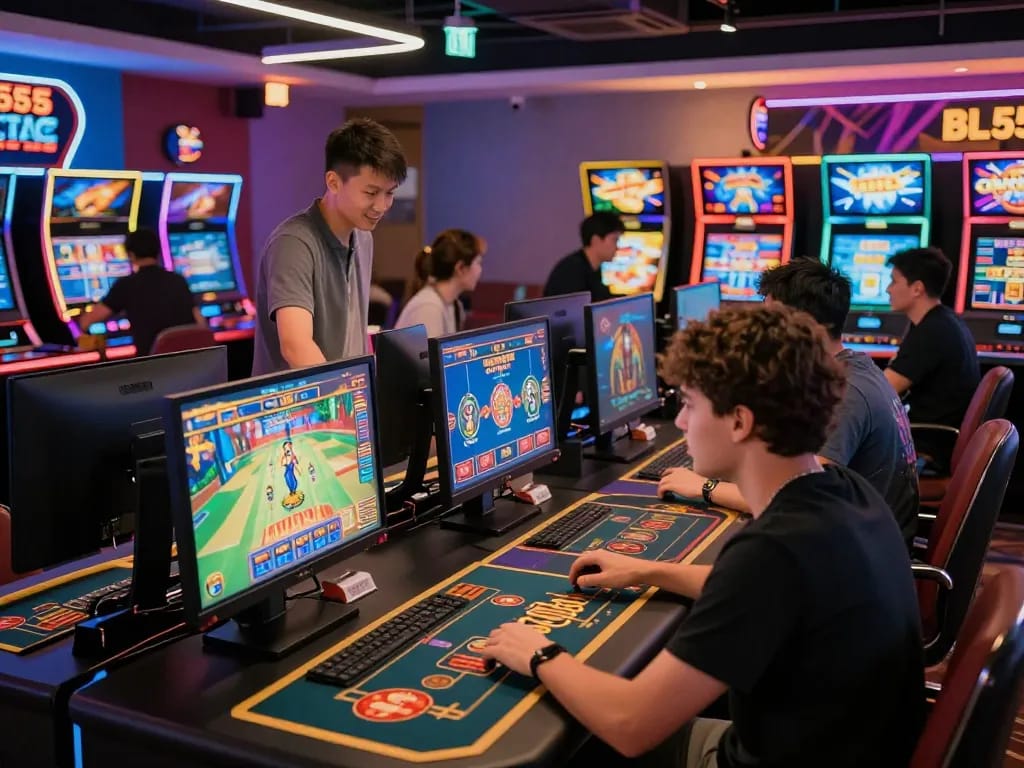 Exciting virtual casino scene at BL555 with players engaged in games and vibrant graphics.