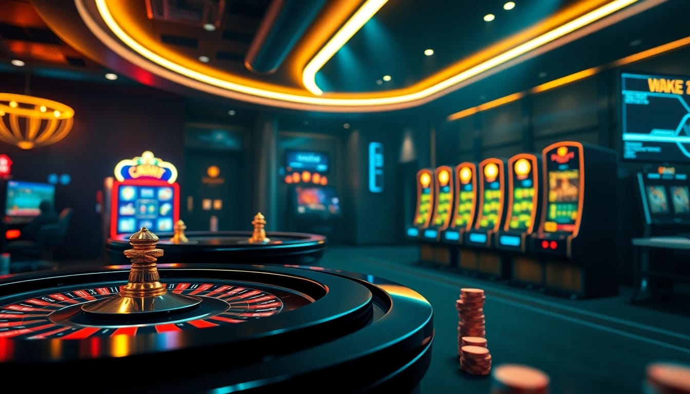 Engaging online gambling scene featuring elements related to hidden wiki tor, showcasing roulette and slot machines.