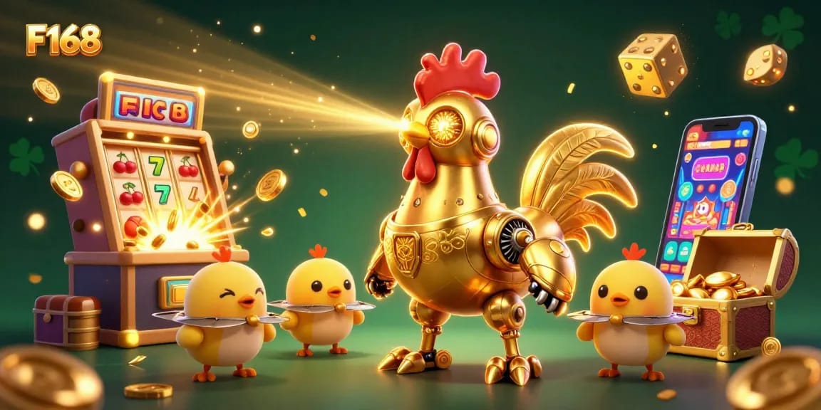 Experience exciting casino action with F168’s golden rooster robot and lively game features.