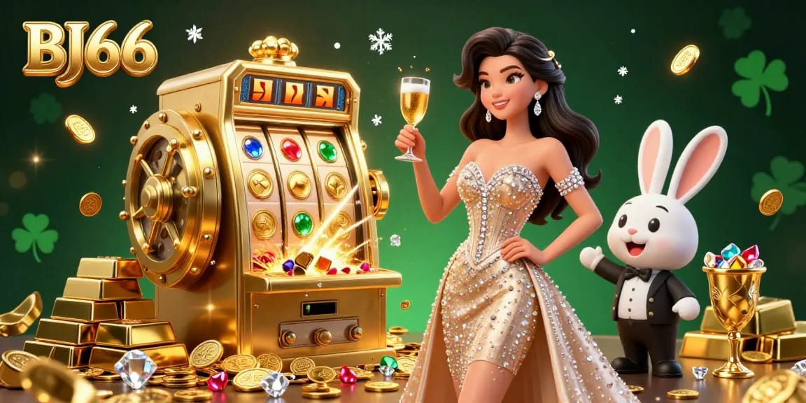 BJ66 players winning big at the jackpot slot machine while toasting with a sparkling drink in a glamorous casino setting.