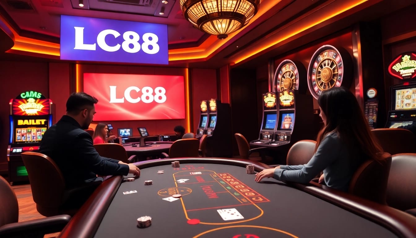 Players enjoying a high-stakes poker game at LC88 casino with vibrant slot machines and excitement.