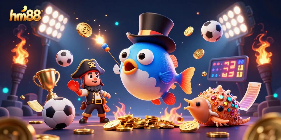 Engage in high-stakes gaming action with hm88, featuring vibrant casino characters and dynamic sports elements.