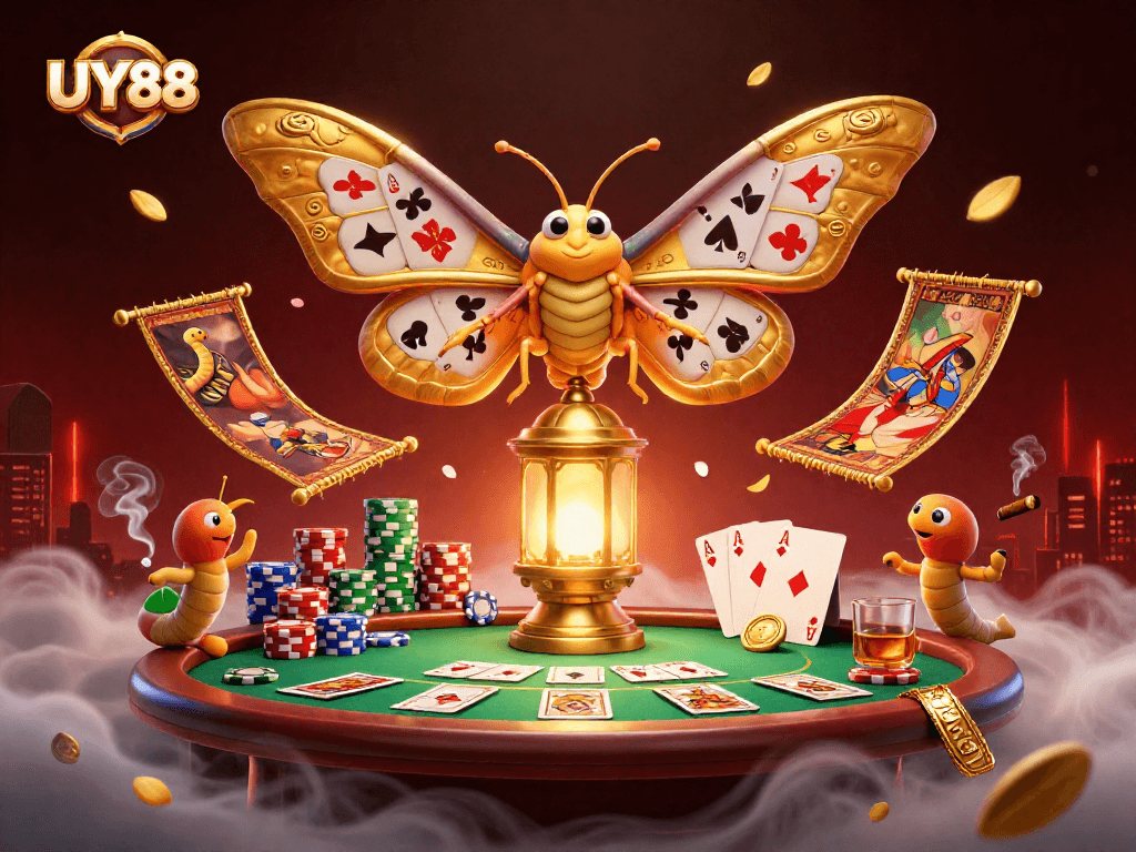 Experience the excitement at UY88 with a vibrant casino scene featuring golden moths and poker elements.