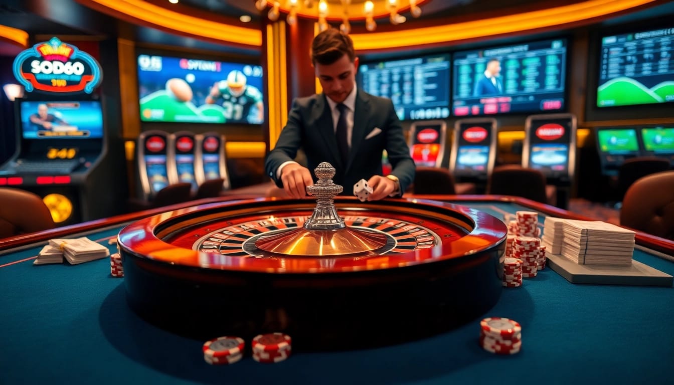 SODO66 casino scene with a player gambling at a luxurious roulette table, showcasing excitement and professionalism.