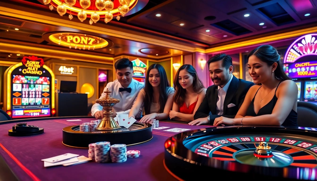 Players enjoying an exciting game at a Luckywin88 casino table with poker chips and cards.