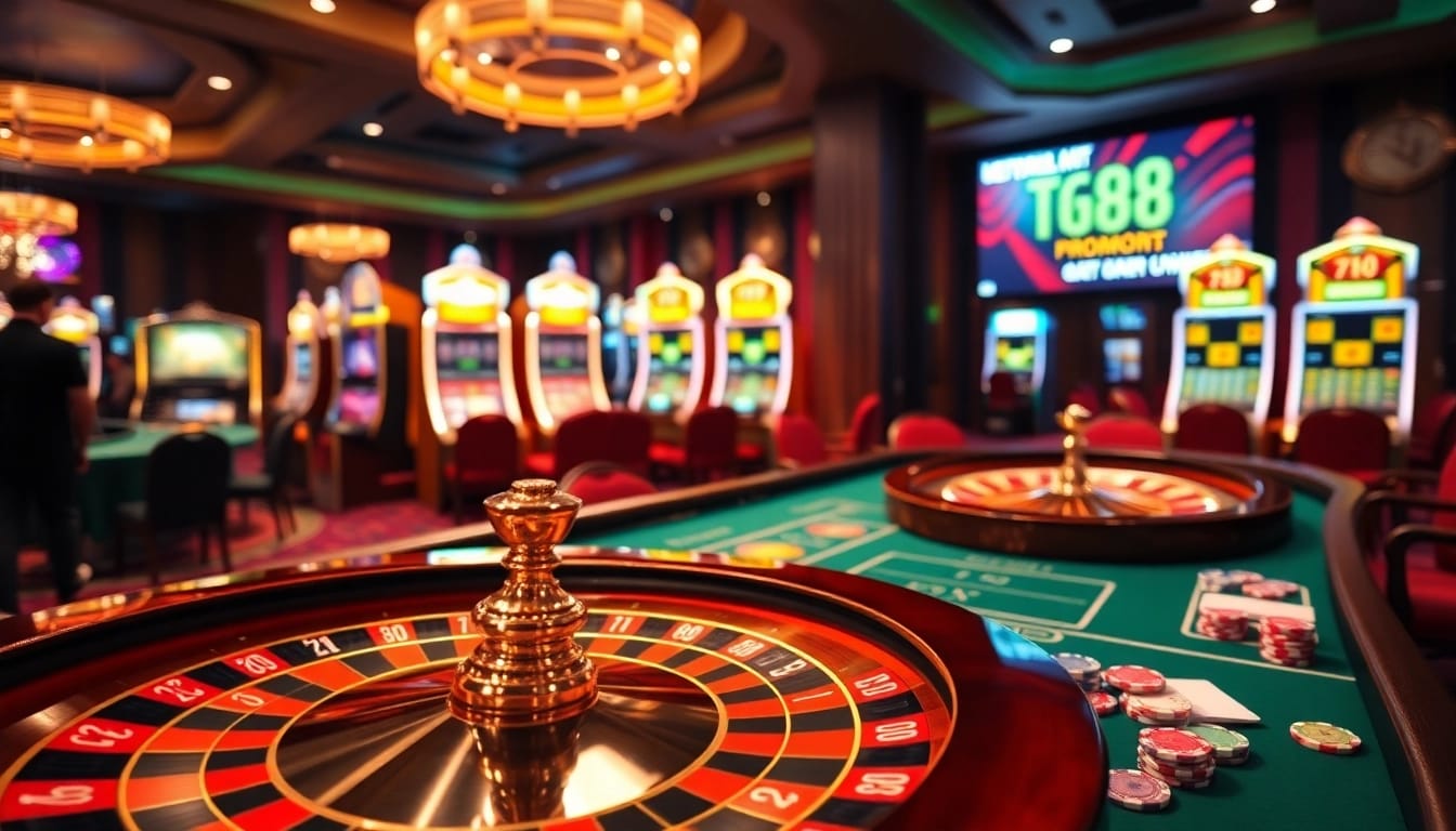 Experience the thrilling ambiance of high-stakes gaming at https://tg888.art/, featuring poker chips and a roulette wheel.