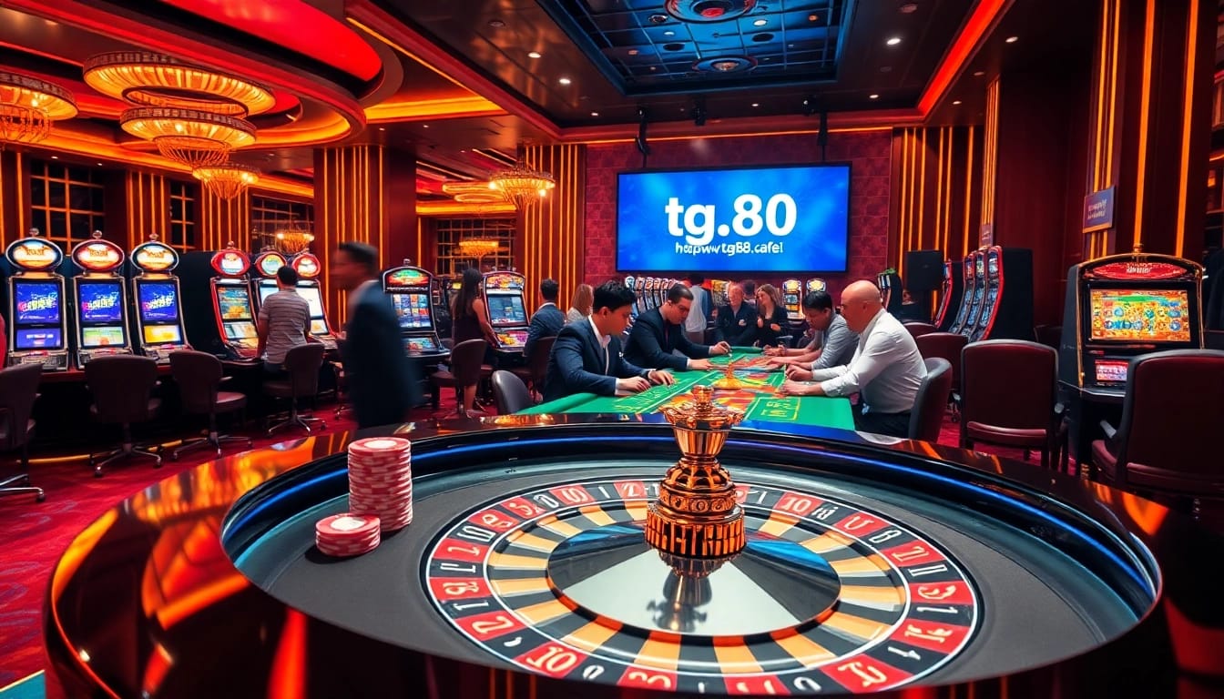 Engage with the vibrant casino scene at https://tg88.cafe/, showcasing players at the roulette table and slot machines.
