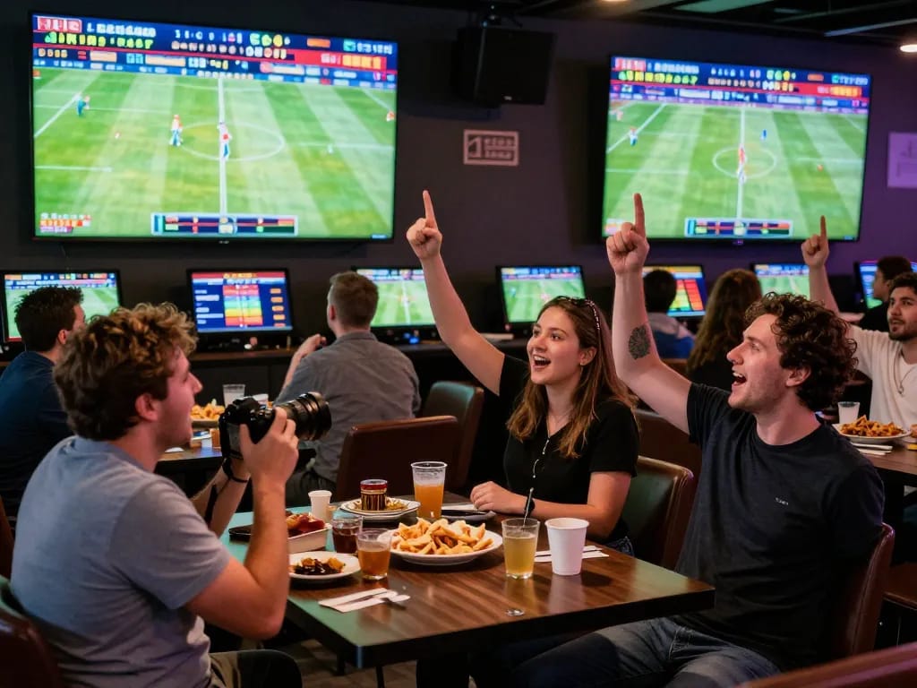 Engaged sports fans placing bets while watching live games at a betting lounge, highlighting แทงบอล excitement and community.