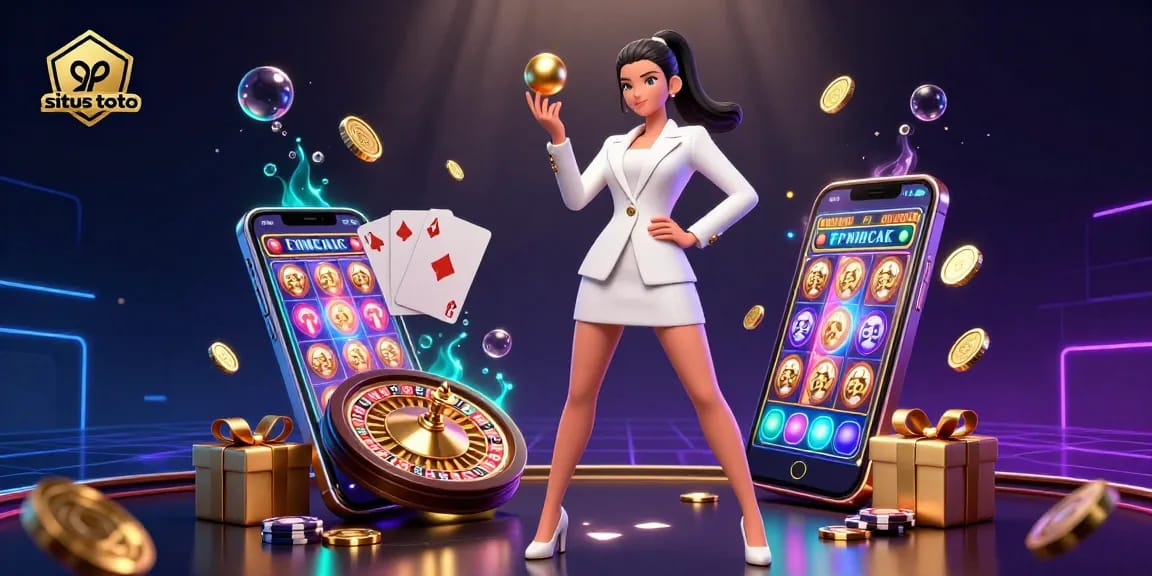 Engage with situs toto through a vibrant 3D digital illustration showcasing an elegant Asian woman in a tuxedo, highlighting luxury casino elements.