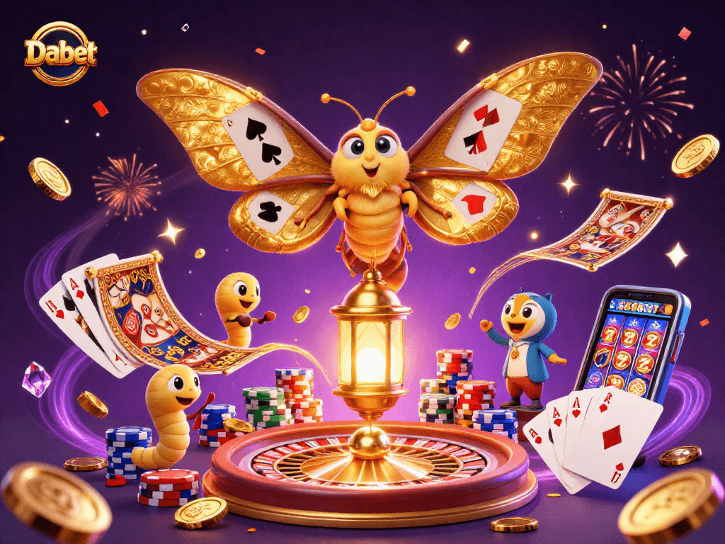 Dabet casino showcases a vibrant 3D scene of luck and fortune with gold coins and gaming elements.