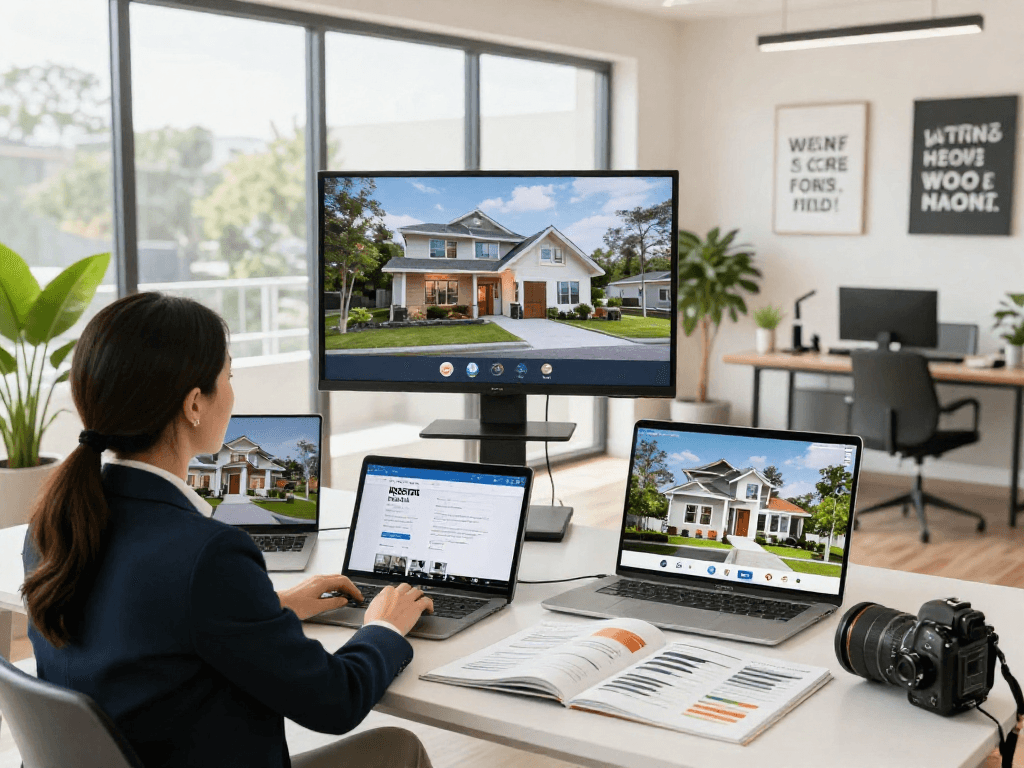 Realtor presenting IDXSTAR platform properties in a bright, modern office.