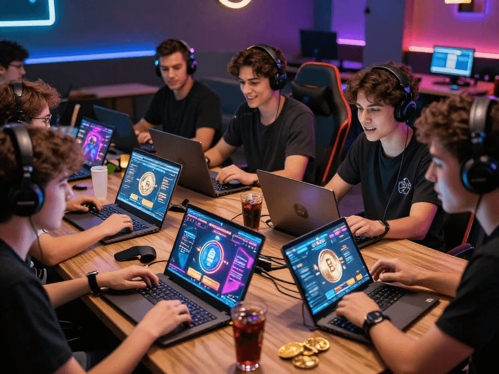 Exciting scene at a crypto casino with players engaged in vibrant gaming activities.