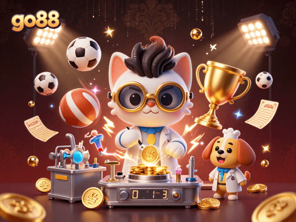 Engage with go88's animated casino experience, showcasing lively sports betting elements and vibrant characters.