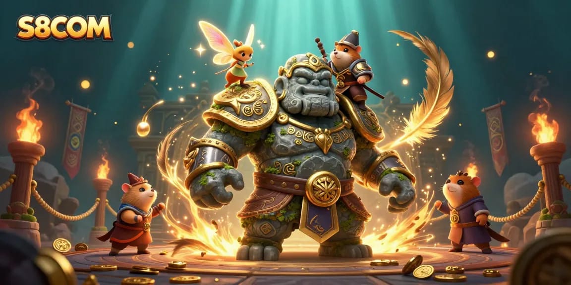 S8COM brings to life a vibrant 3D casino scene with a golem guardian and knight, energizing the betting atmosphere.