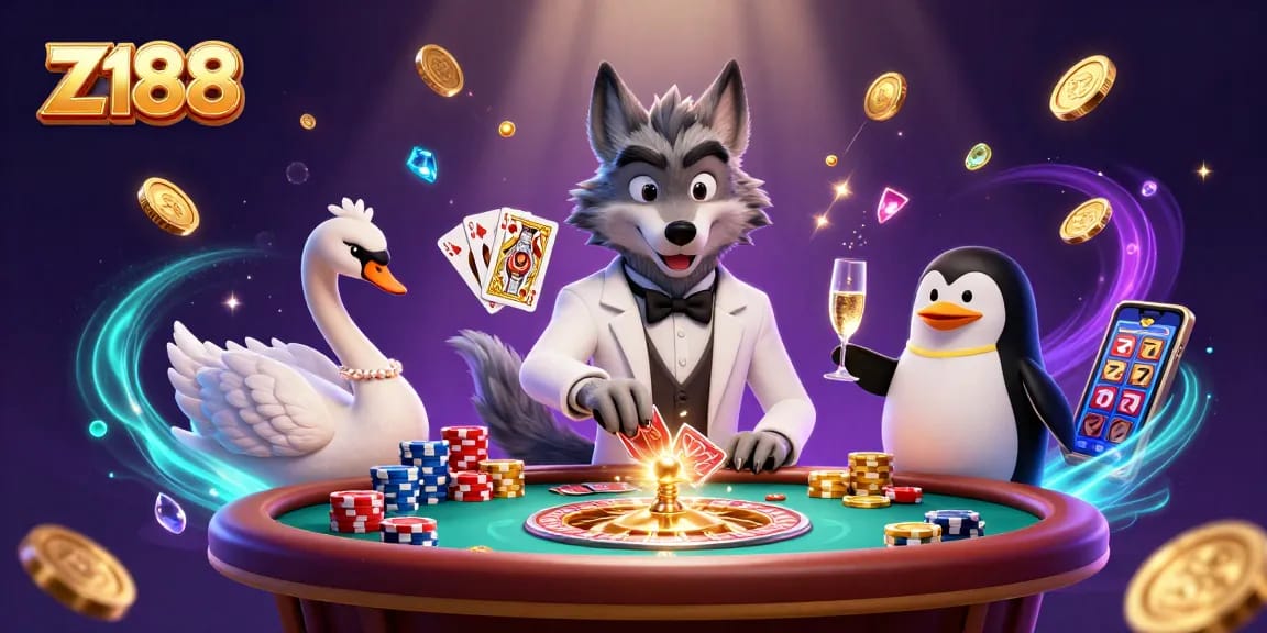 Engage in a thrilling Z188 casino scene with a debonair wolf at a baccarat table surrounded by vibrant gaming elements.