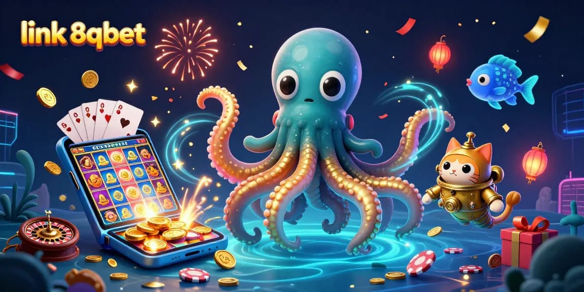 Play and win big with link 8qbet in this vibrant 3D illustration of a kraken, diving cat, and casino games.