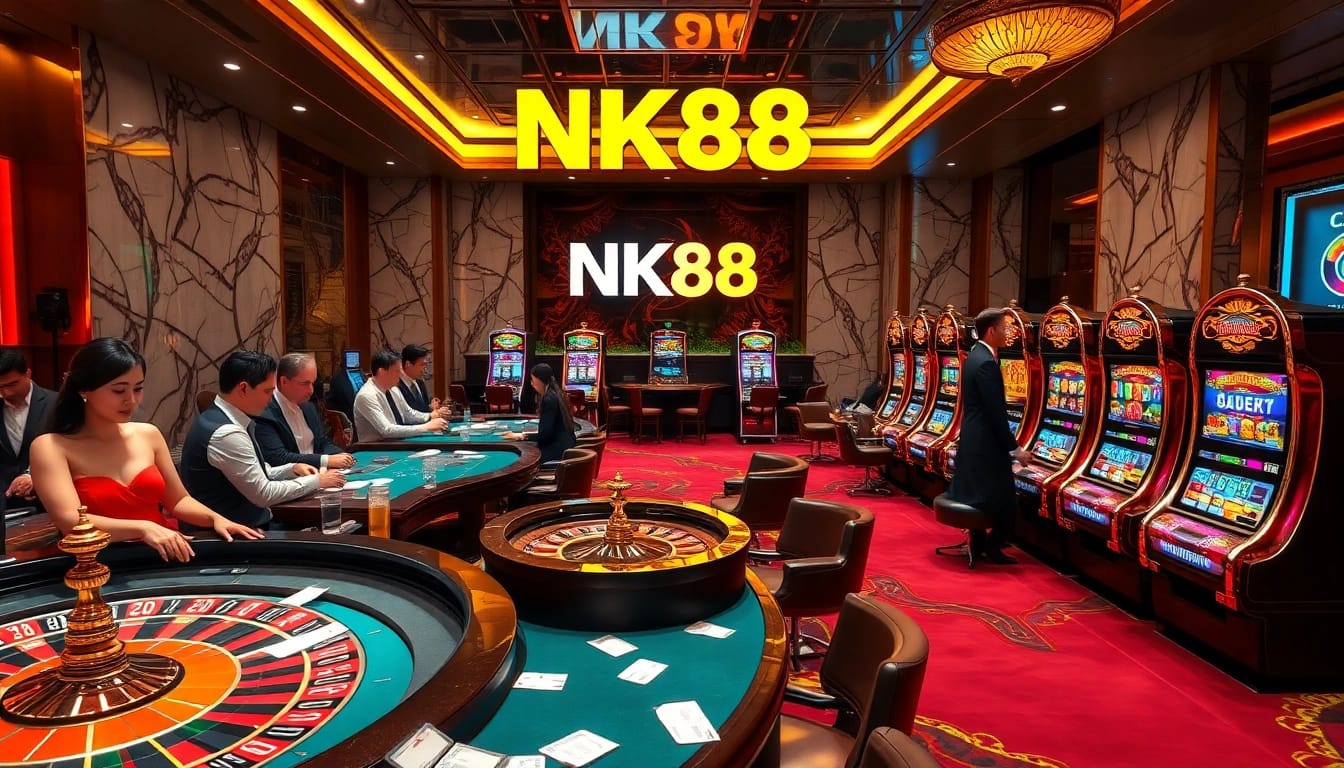 NK88 betting environment with roulette, poker games, and vibrant slot machines.