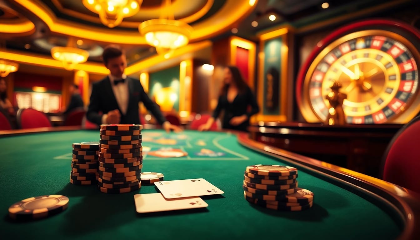 Experience high-stakes gaming excitement with https://bem88.io/ at a luxurious casino table.