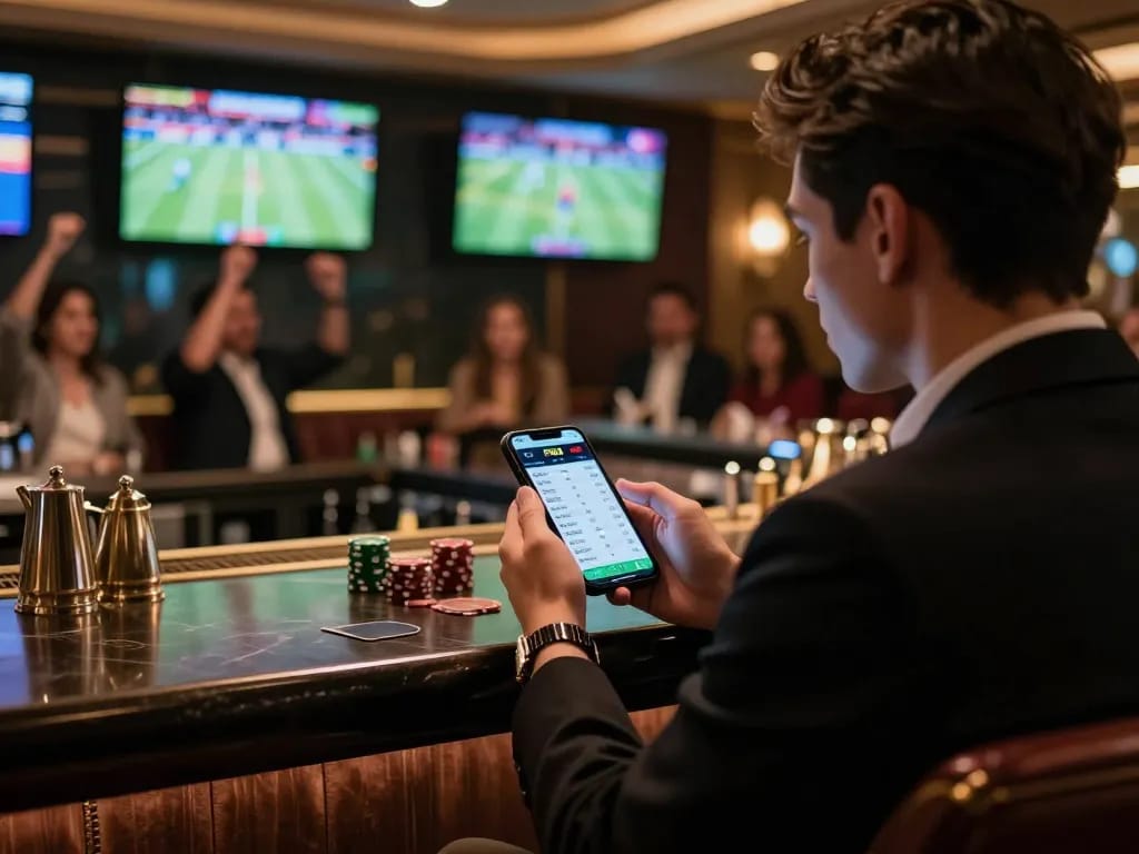 Engaging sports betting moment using the FB88 app in a stylish bar setting.