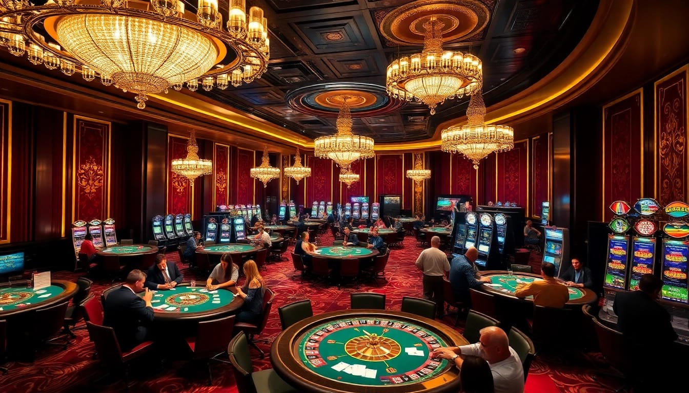 Experience excitement at https://2haywin.art/ with a vibrant casino scene featuring poker tables and roulette wheels.