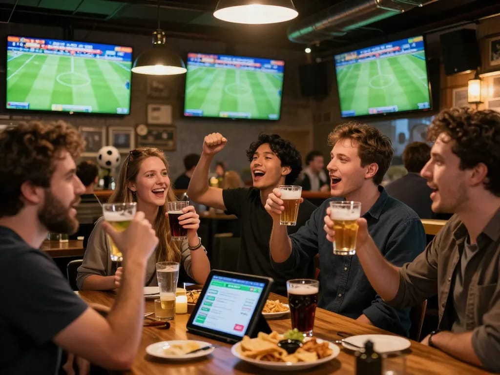 Excited fans enjoying live football matches while placing bets on ผลบอลวันนี้ using a sports betting app