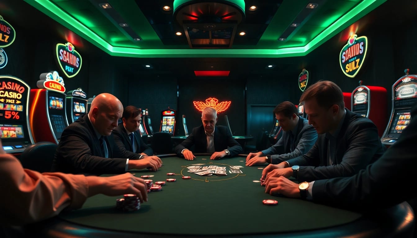 RR88 offers an exciting glimpse into a vibrant casino scene filled with poker players and colorful machines.