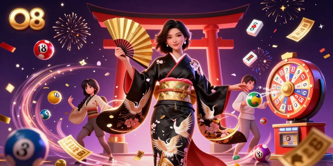 Play exciting games at O8 casino with vibrant, dynamic elements surrounding a stunning character.