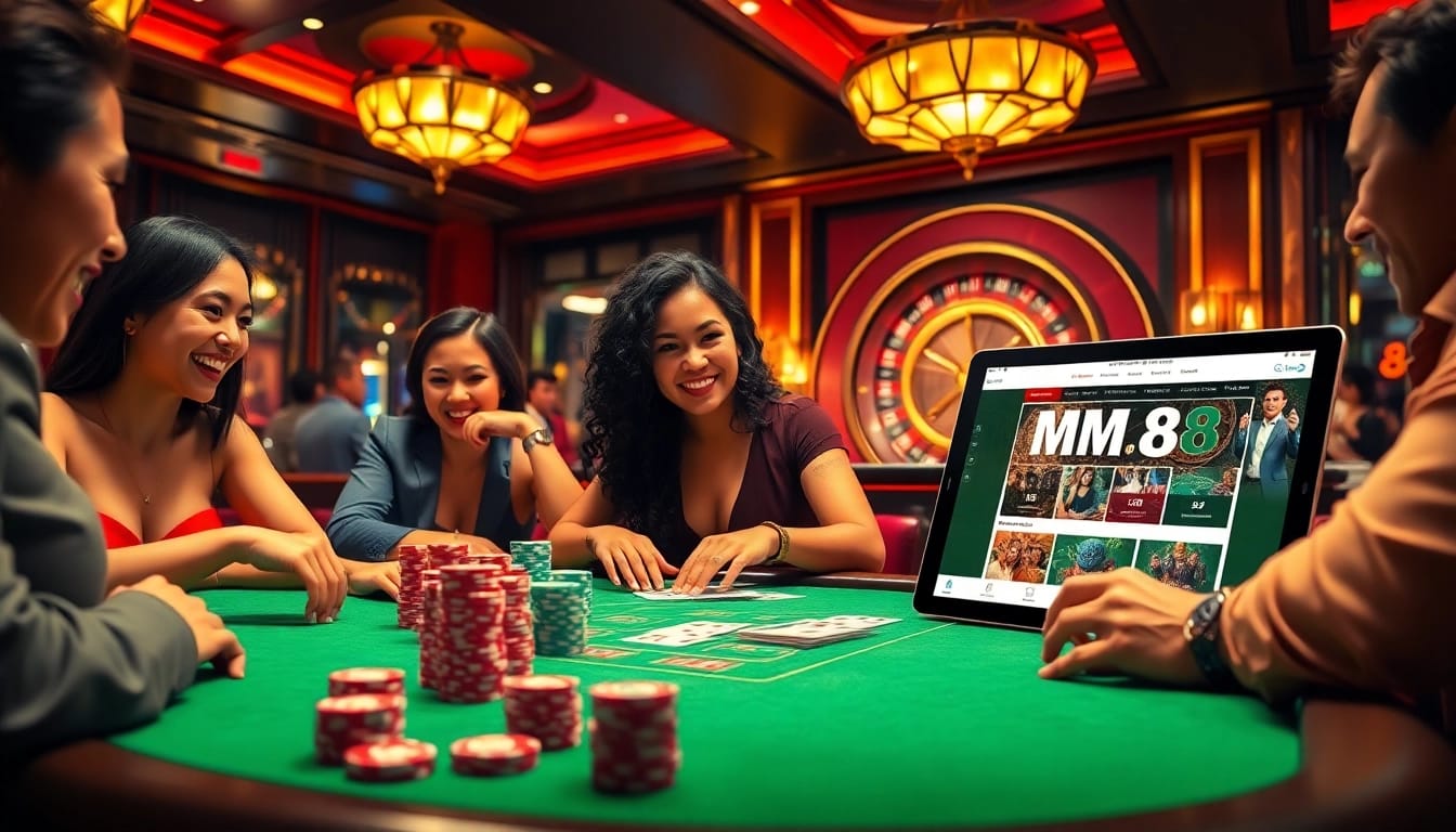Players enjoying intense moments at the MM88 online casino table, surrounded by vibrant poker chips.