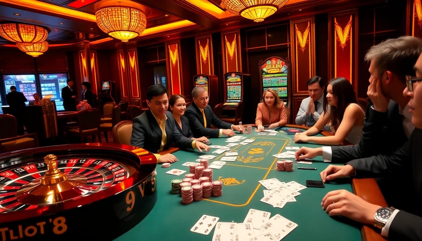 Players enjoying an exciting poker game at 69vn.com casino with vibrant chips and cards.