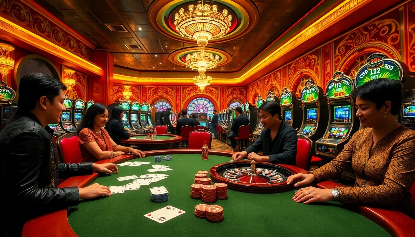 Players enjoying U31 games at a vibrant casino, showcasing poker, roulette, and slot machines.