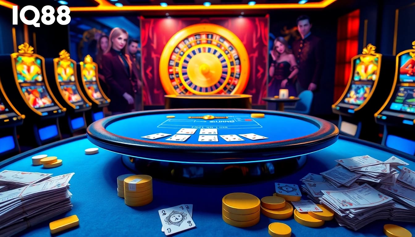 Engage in thrilling gaming experiences at IQ88, showcasing a vibrant online casino atmosphere.