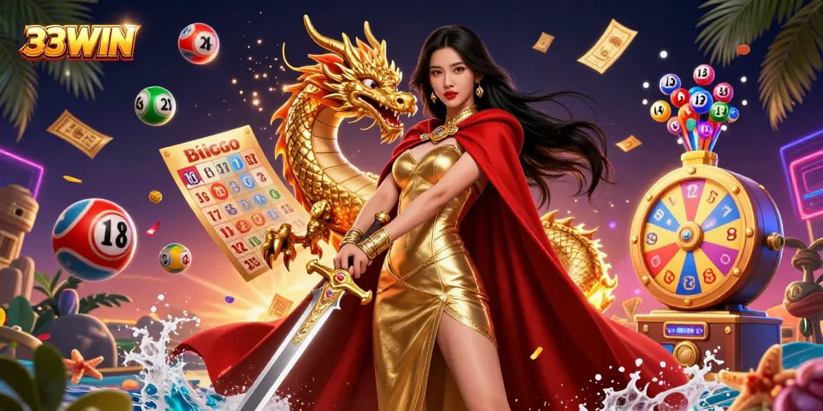 Experience 33WIN excitement with a vibrant illustration showcasing lively lottery elements and a warrior queen.