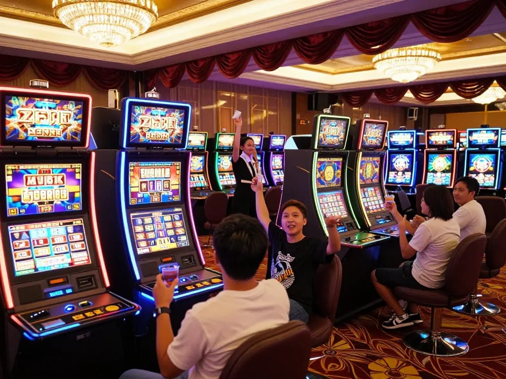 XX88 players celebrating wins at vibrant slot machines in a luxurious casino environment.