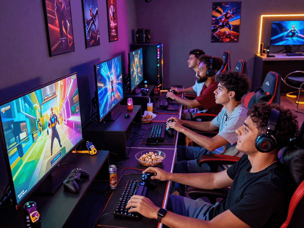 Group of friends engaging in game sex within a vibrant gaming lounge, showcasing exciting atmosphere with immersive adult video games.