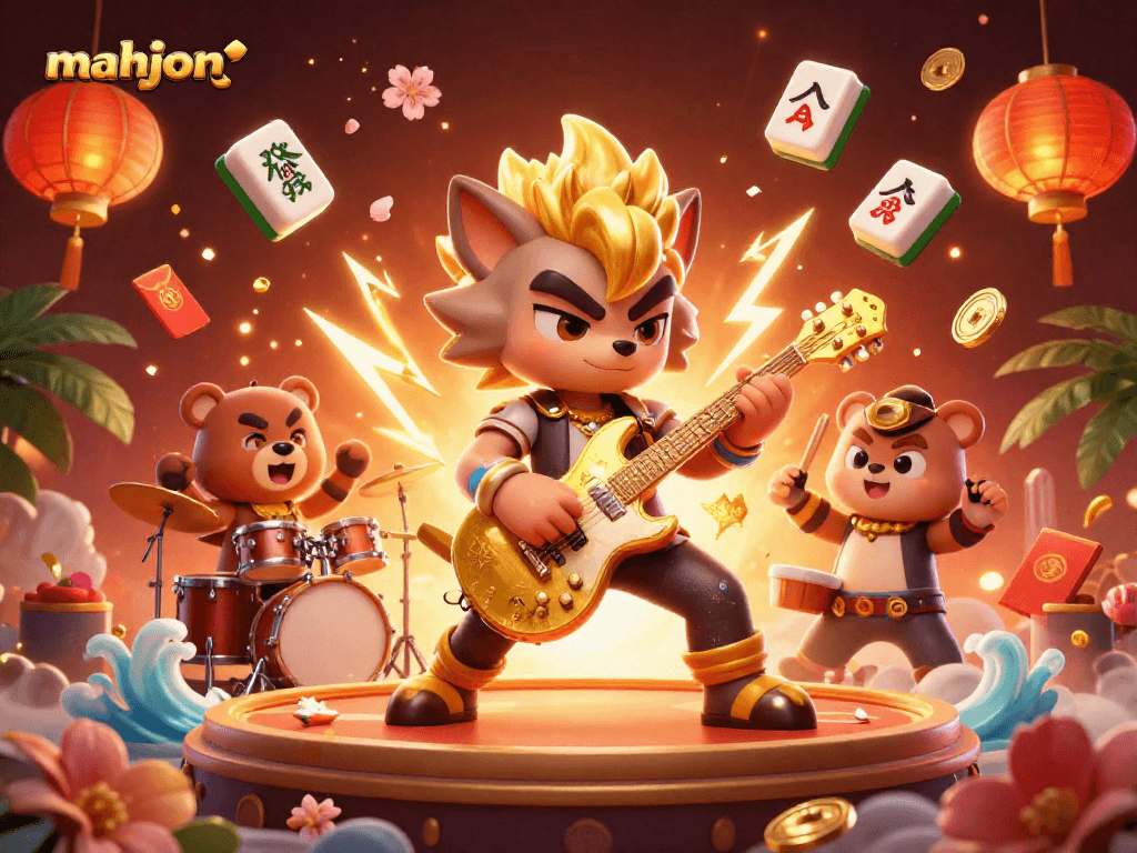 Engage with mahjong action as a wolf rocks out on stage with lively casino elements.
