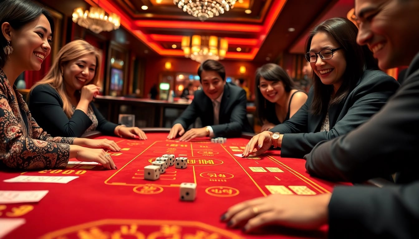 Excited players place bets at the vibrant tài xỉu sunwin table in a luxurious casino setting.
