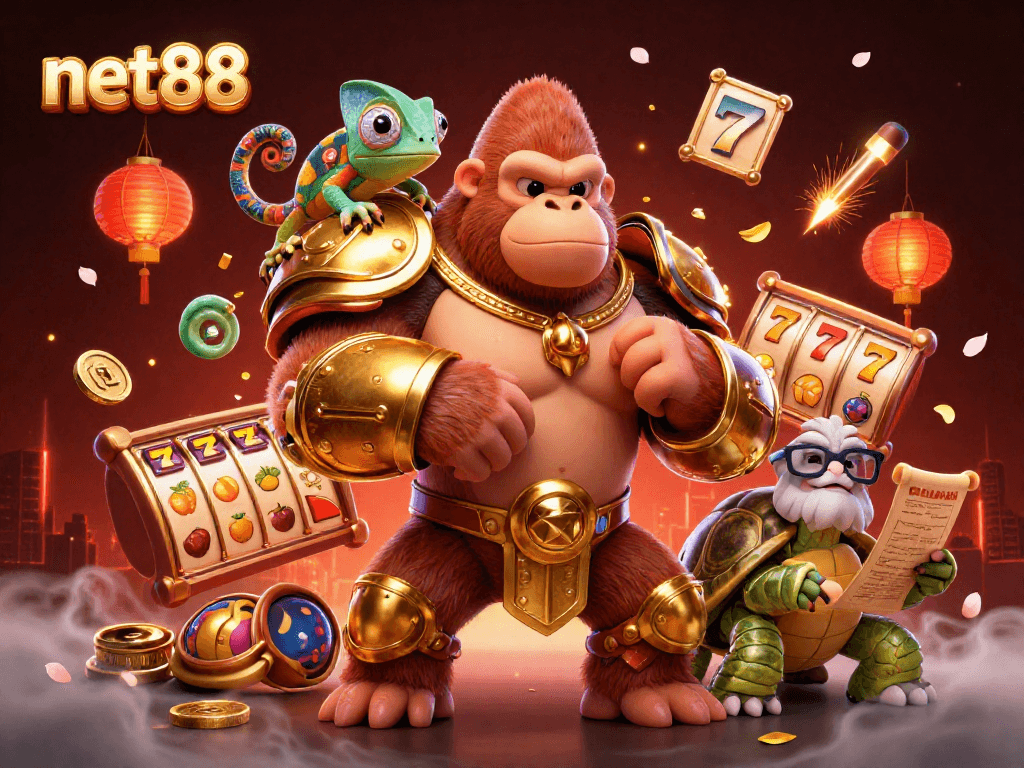 Experience thrilling gameplay with net88 at a vibrant casino scene featuring a powerful gorilla and wise tortoise.