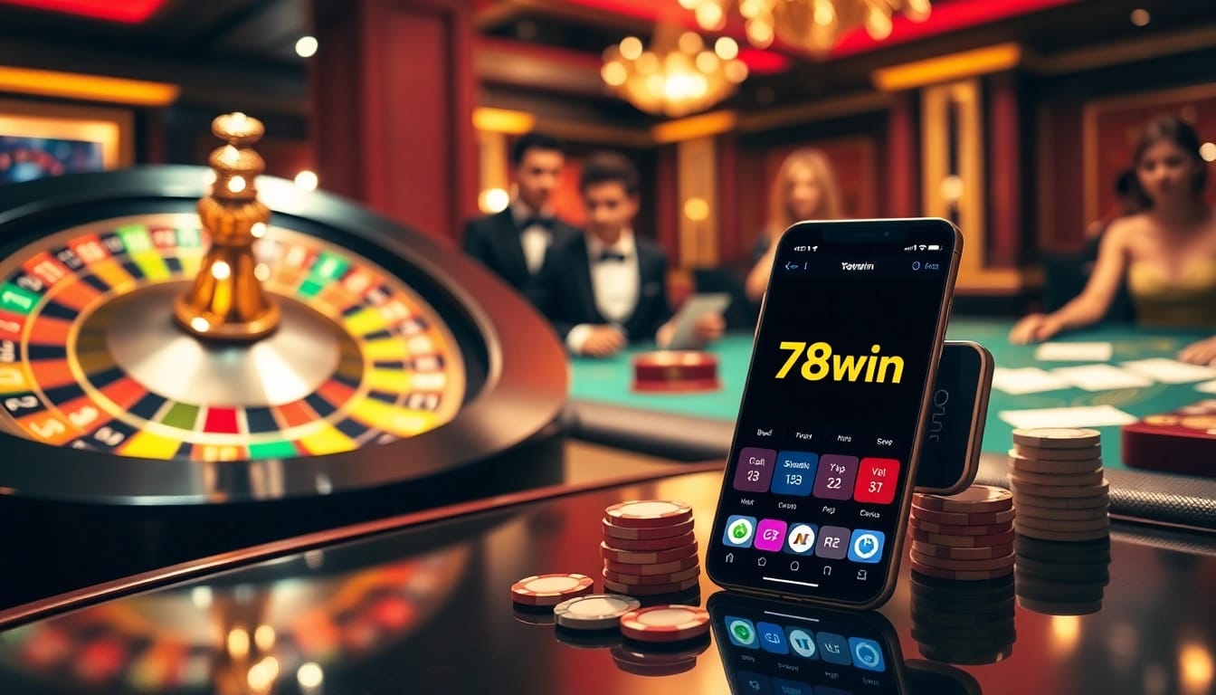 Exciting players engaged at a poker table, showcasing 78win app on a smartphone in a luxurious casino.