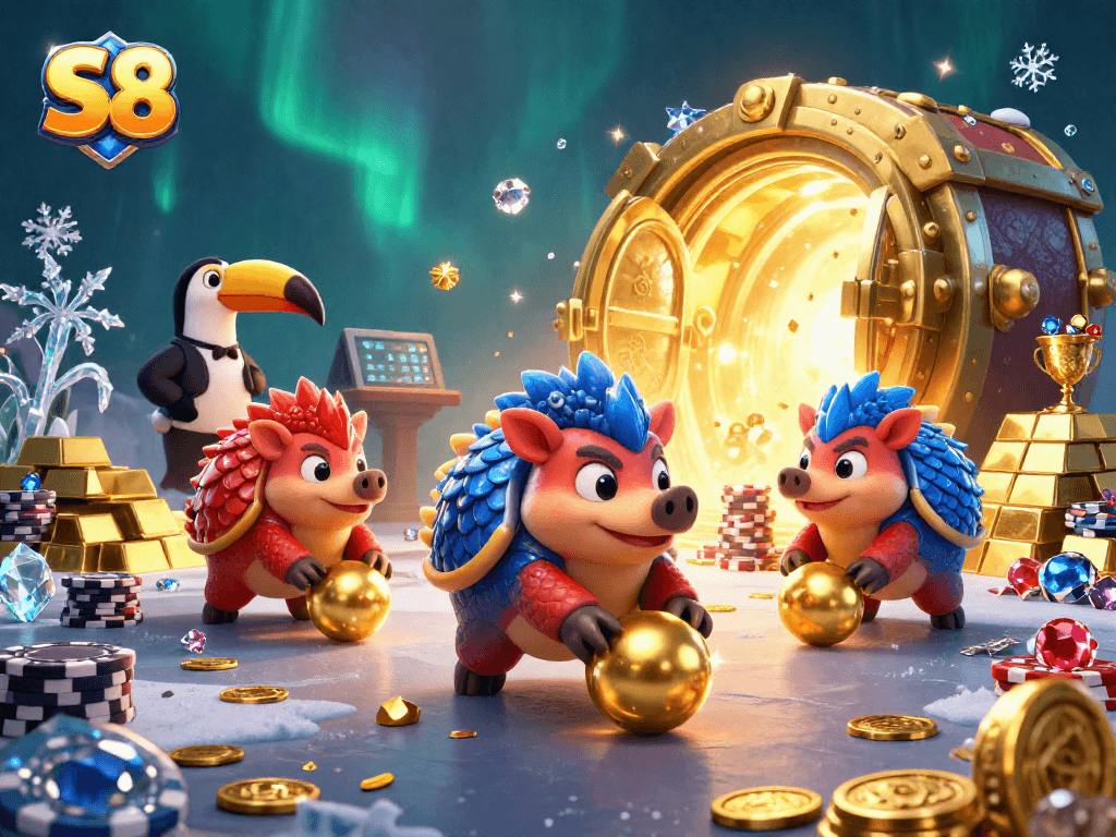 S8 delivers a thrilling experience with rival pangolins competing amid a vibrant casino adventure.