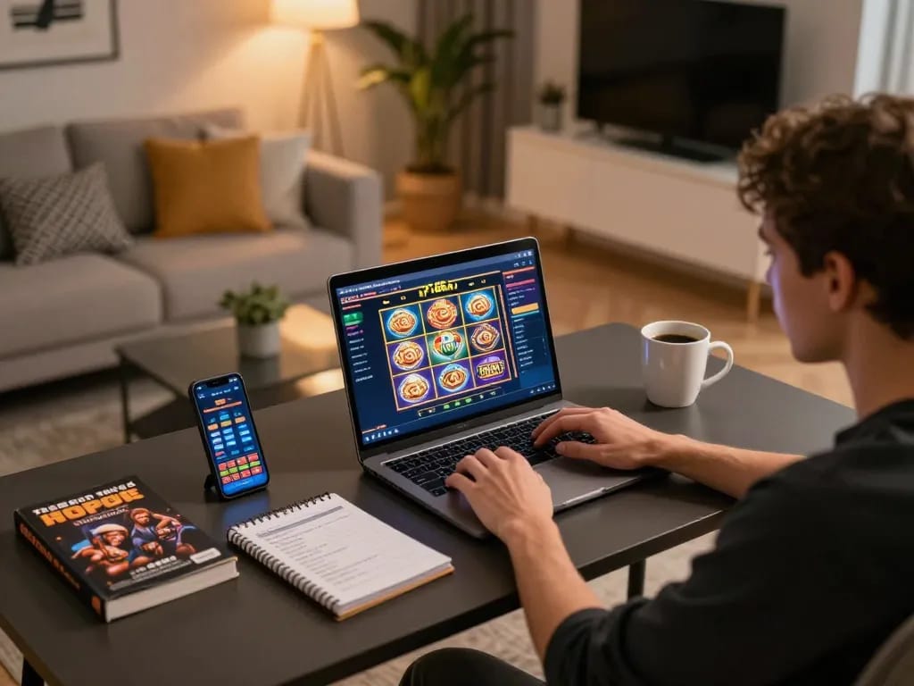 Engaging in F168 online casino gameplay at stylish home setup with vibrant slots interface