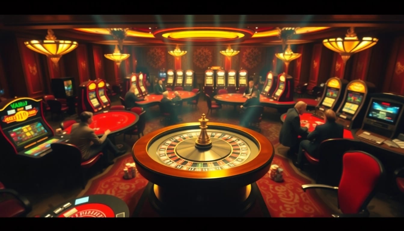The official hidden wiki enhances user safety, showcased amidst a vibrant casino environment full of roulette and poker.