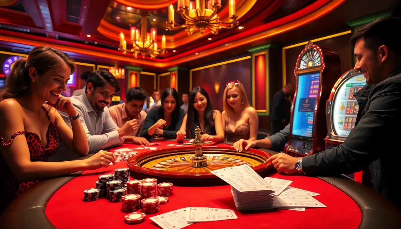 Gamblers winning big at PU88 casino tables with vibrant slots and roulette in action.