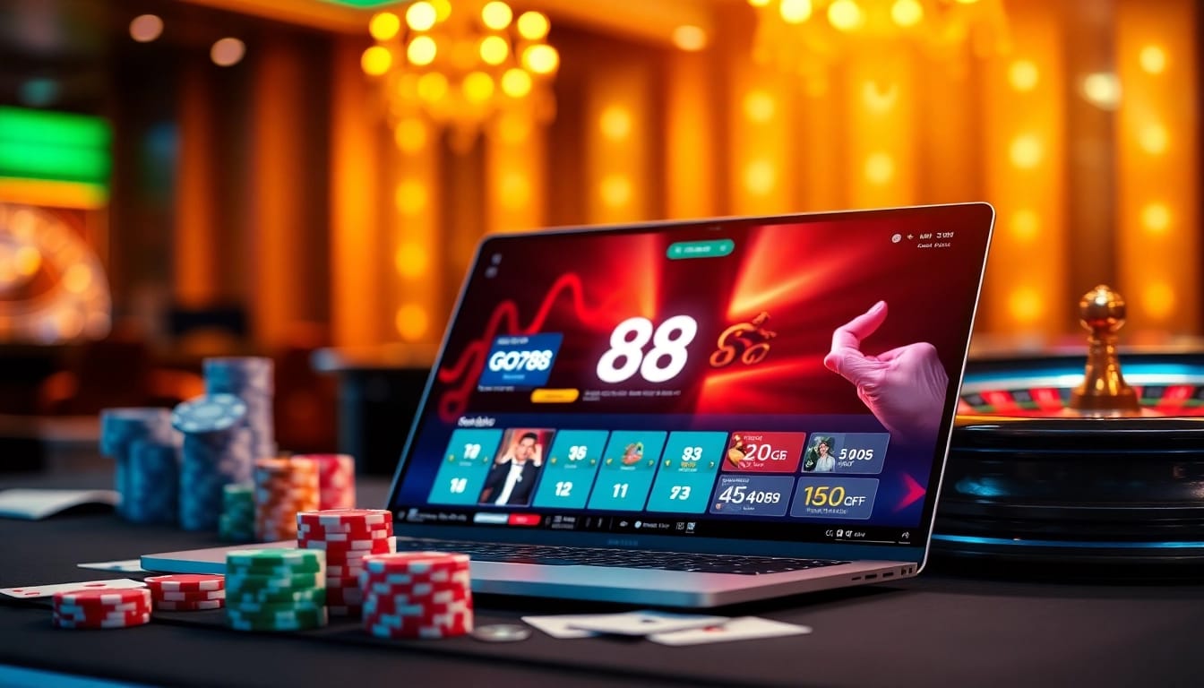 Engaging scene showcasing a go88 online gambling experience with casino elements like poker chips and roulette.